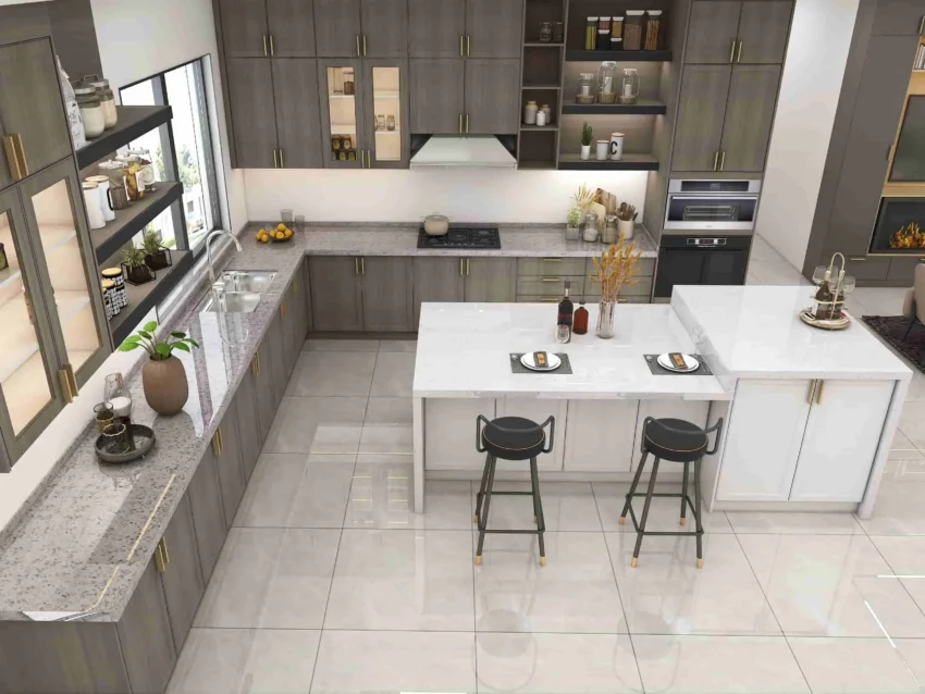 Membawa nuansa alam ke dalam ruang dapur yang terang dengan aksen kayu gelap.
