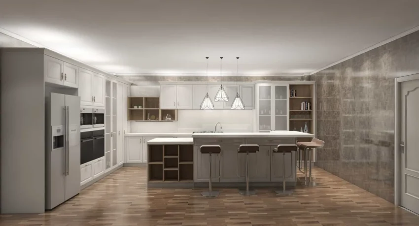 Farmhouse Gray Shaker L Shaped Kitchen Cabinets 2 850x459 1