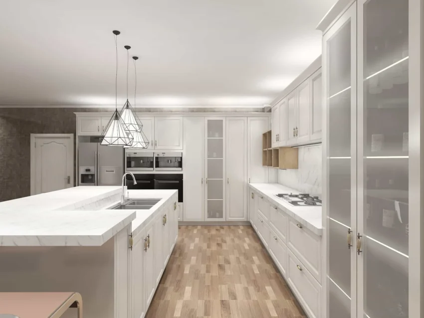 Farmhouse Gray Shaker L Shaped Kitchen Cabinets 3 850x638 1