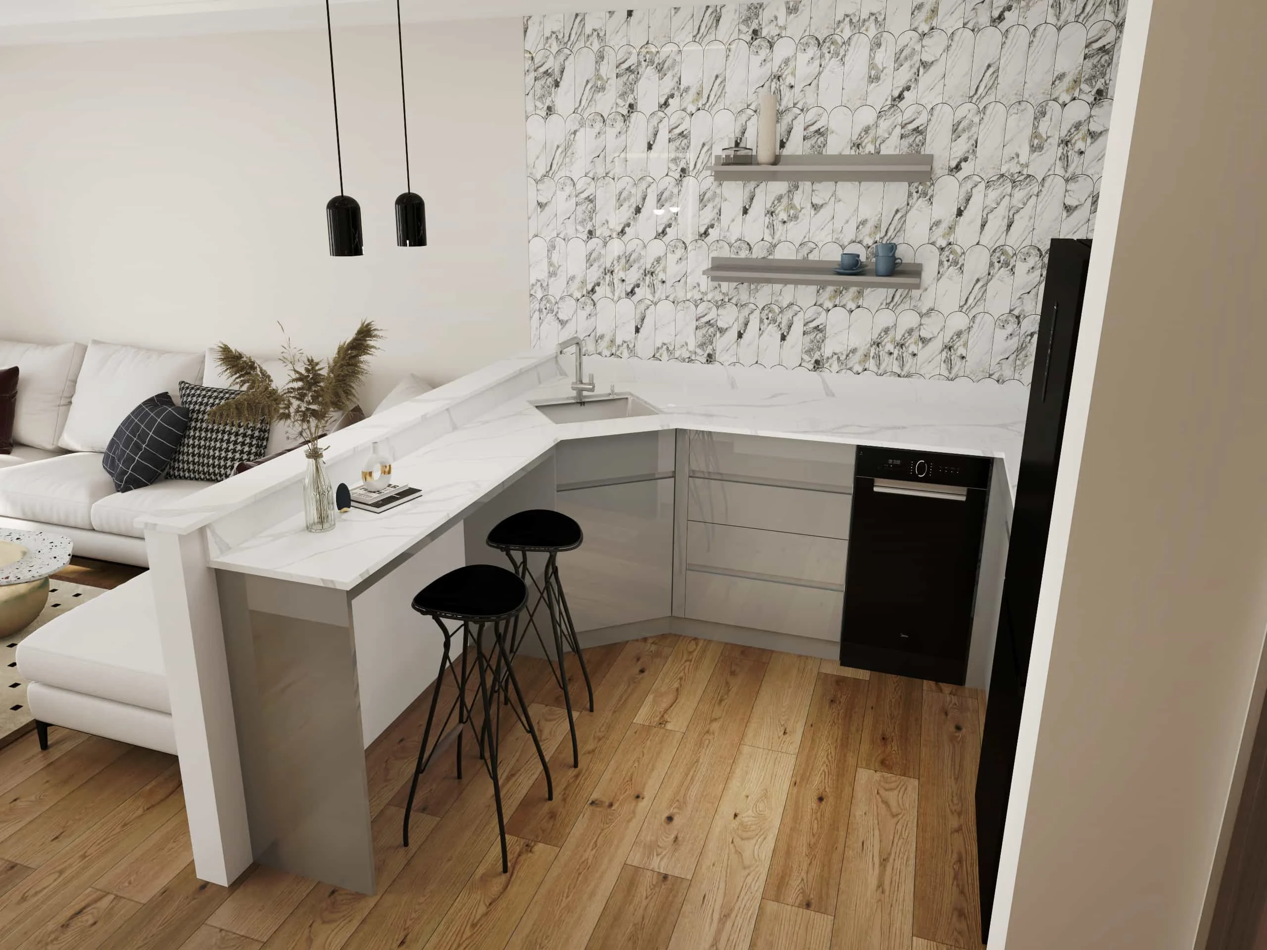 Time-Honored Elegance Meets Modernity: A Kitchen Where Medieval Artistry and Contemporary Design Unite 3 Gray modern U-Shaped small kitchen cabinets