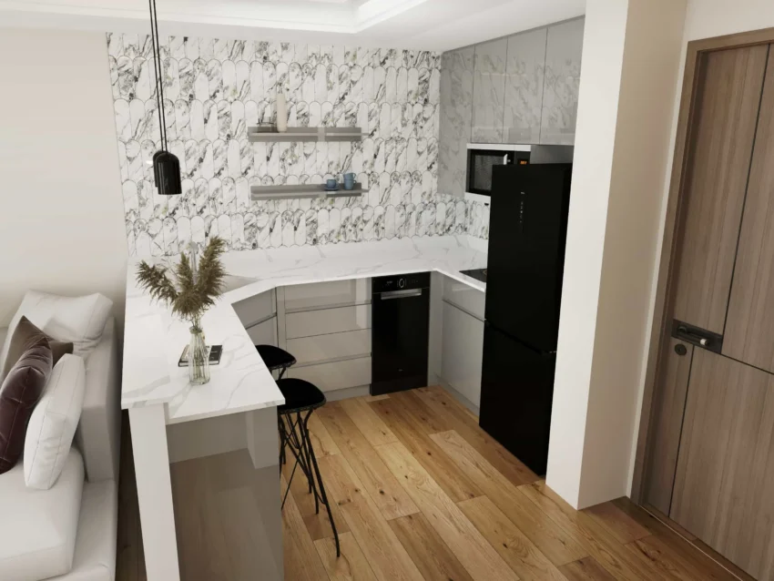 Gray modern U-Shaped small kitchen cabinets