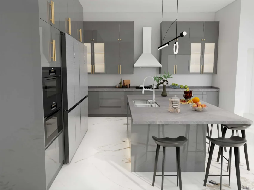 Kabinet dapur berlapis pernis abu-abu mengkilap dengan tempat duduk di area tengah dapur, wastafel, oven tanam, dan area lemari es yang serasi.
