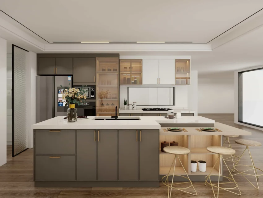 Modern functional open shelving in kitchen cabinets