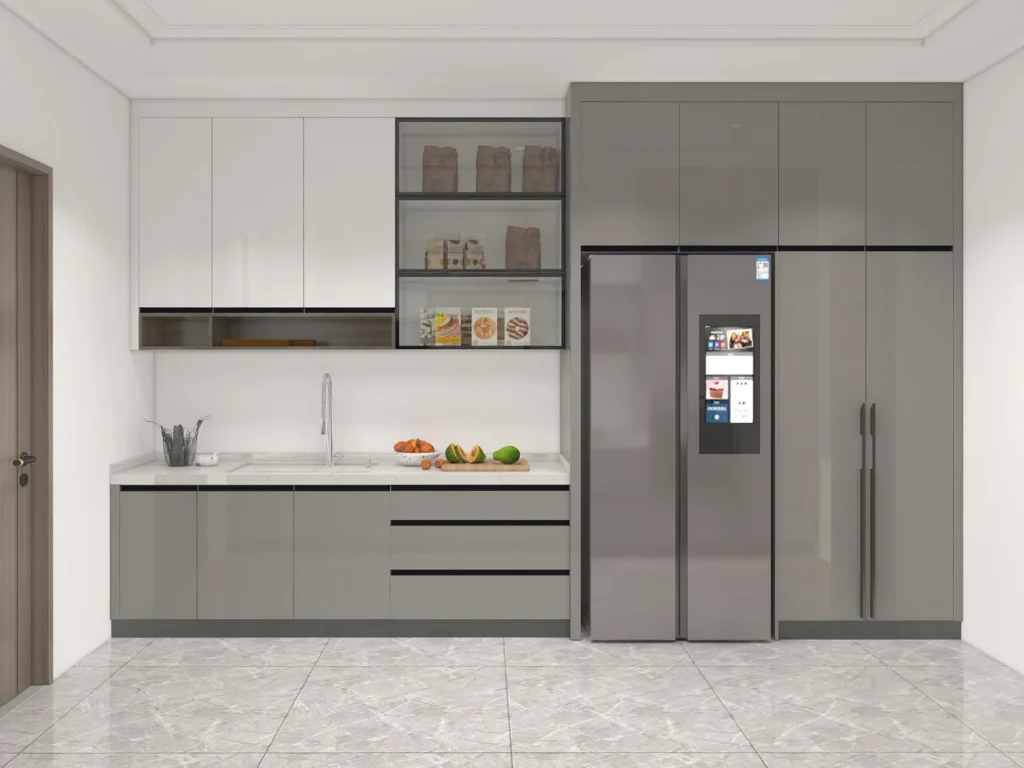 Modern gray lacquer galley kitchen cabinets