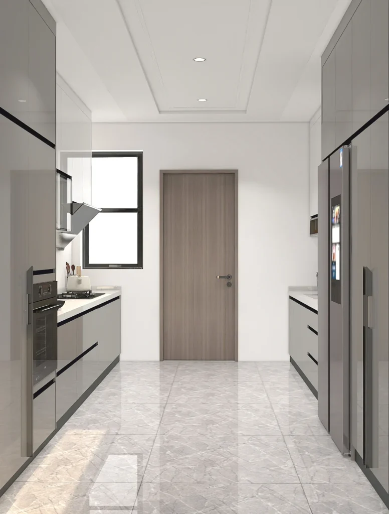 Modern gray lacquer galley kitchen cabinets