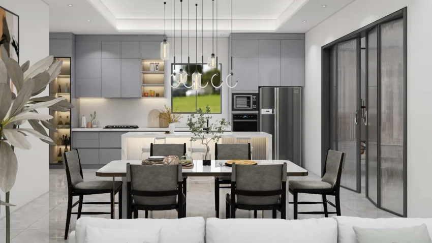 Modern gray lacquer one wall kitchen cabinets