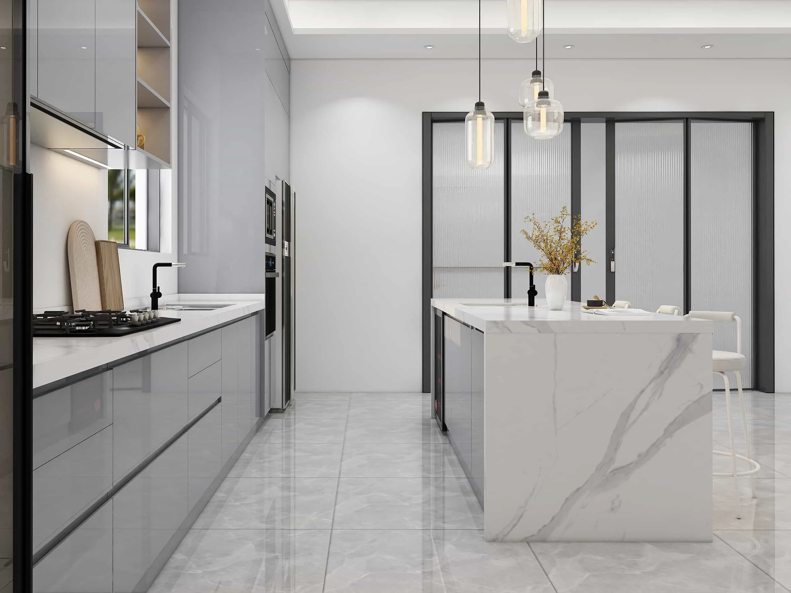 Contemporary Harmony: A Single-Wall Kitchen with Sophisticated Material Interplay 5 Modern gray lacquer one wall kitchen cabinets