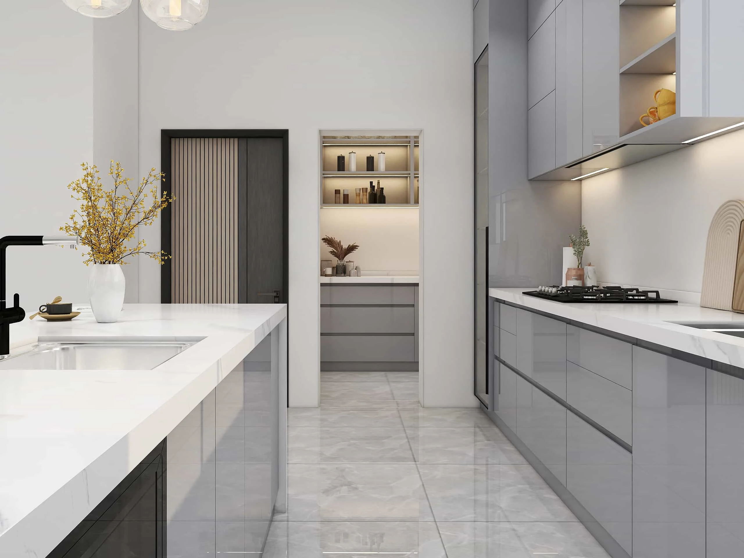 Contemporary Harmony: A Single-Wall Kitchen with Sophisticated Material Interplay 4 Modern gray lacquer one wall kitchen cabinets
