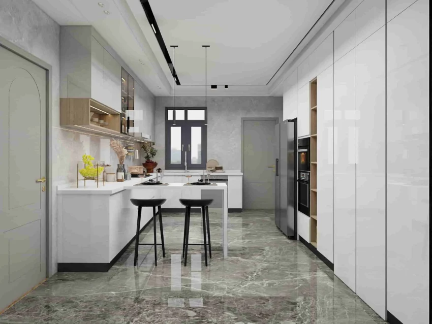 Modern White Gloss Lacquer U Shaped Kitchen Cabinets With Glass Door and Open Shelf