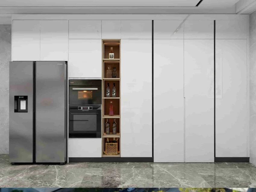 Modern white gloss lacquer U-shaped kitchen cabinets with embedded device