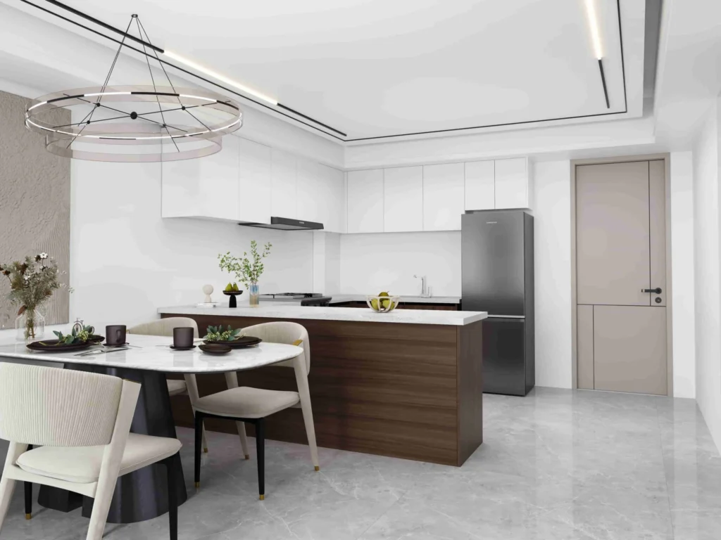 Traditional Brown and White U Shaped two tone Kitchen Cabinets 1