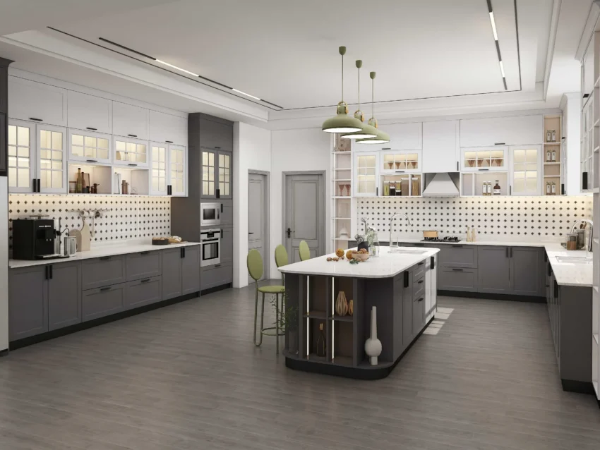 Traditional farmhouse Two-tone shaker L-shaped kitchen cabinets