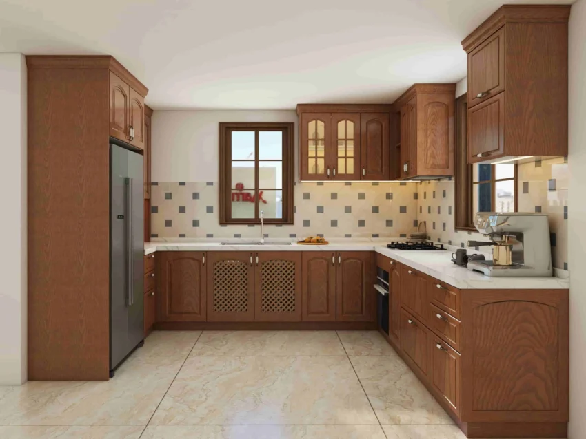 Cherry wood kitchen cabinets in a traditional U-shaped kitchen with white countertops, glazed glass upper doors, and built-in appliances.
