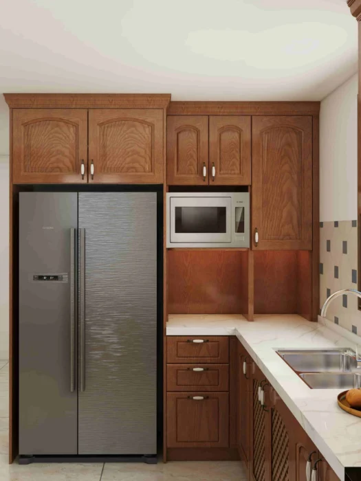 Traditional Cherry Wood Kitchen Cabinets with U-Shaped Layout 3 Cherry wood kitchen cabinets with tall storage cabinets, built-in appliances, and traditional wood grain finishes.