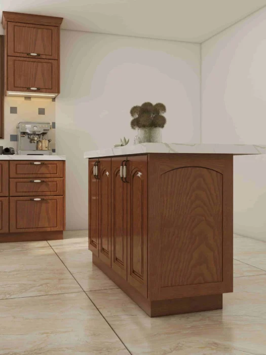 Traditional Cherry Wood Kitchen Cabinets with U-Shaped Layout 4 Cherry wood kitchen cabinets with a matching island and white countertop in a traditional kitchen design.