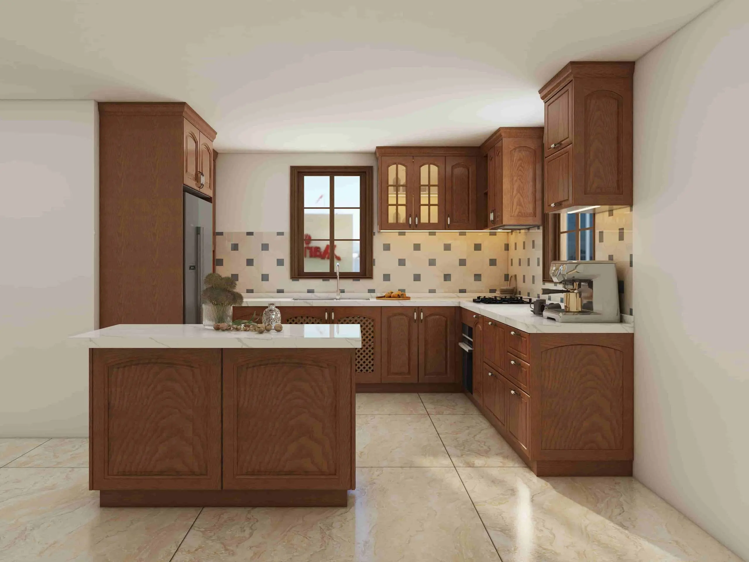Traditional Cherry Wood Kitchen Cabinets with U-Shaped Layout 1 Traditional cherry wood kitchen cabinets in a U-shaped layout with a center island, white countertops, and warm classic detailing.