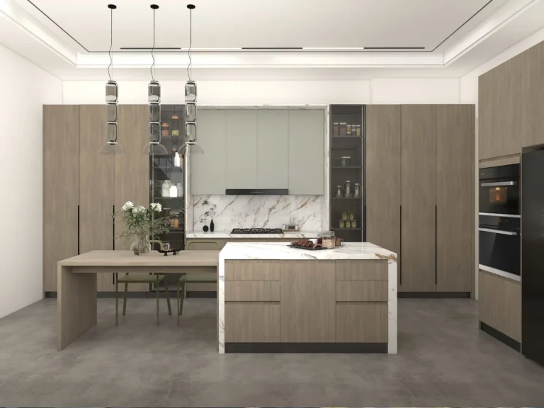Modern melamine cabinets with a central island, woodgrain tall storage, glass display units, and dining extension