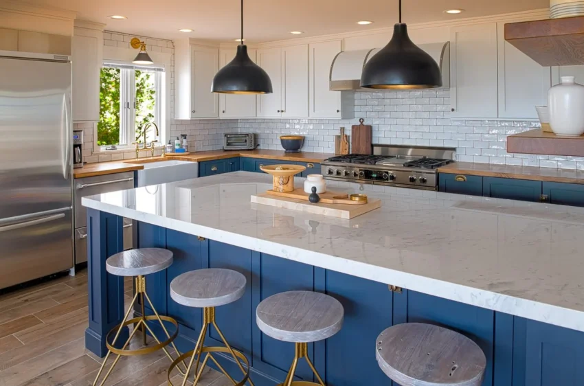 Blue modern island kitchen cabinet with golden handel and white marble countertop