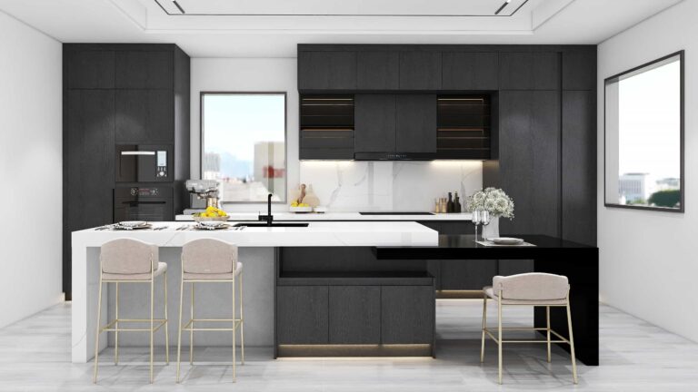Dark wood kitchen cabinets with modern island design and integrated storage solution for contemporary home interiors