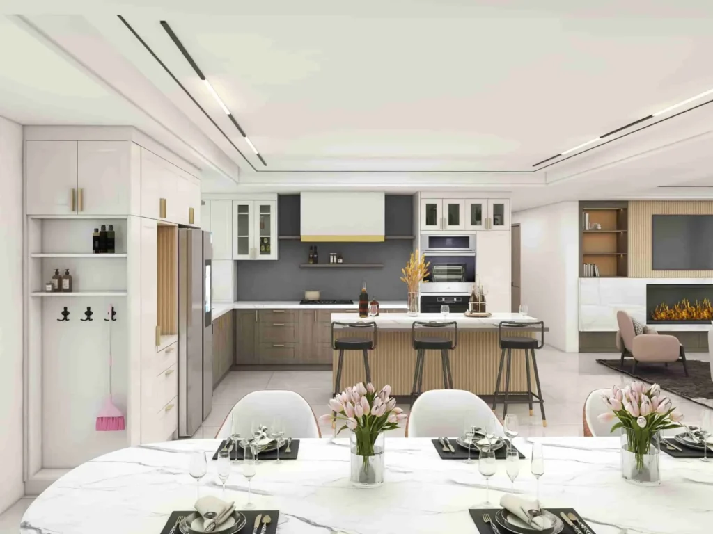 Modern pvc white kitchen cabinet with ribbed body island