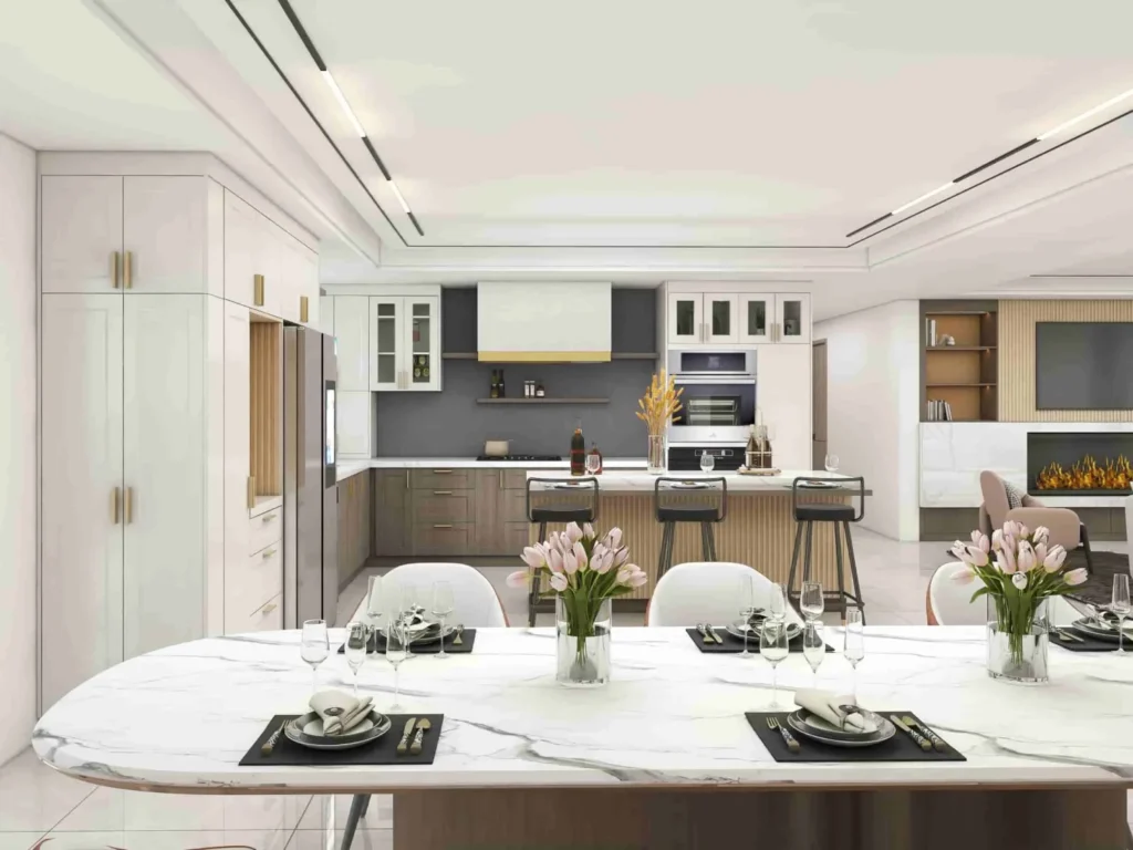 Modern pvc white kitchen cabinet with ribbed body island