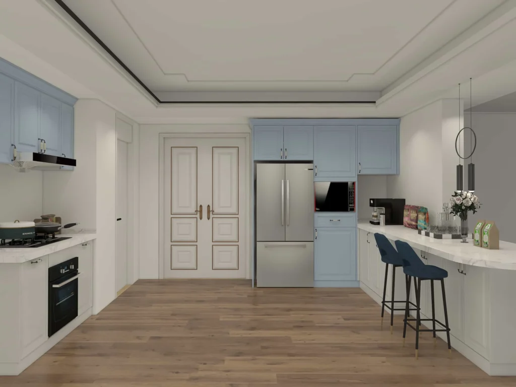 Modern blue and white shaker kitchen cabinets