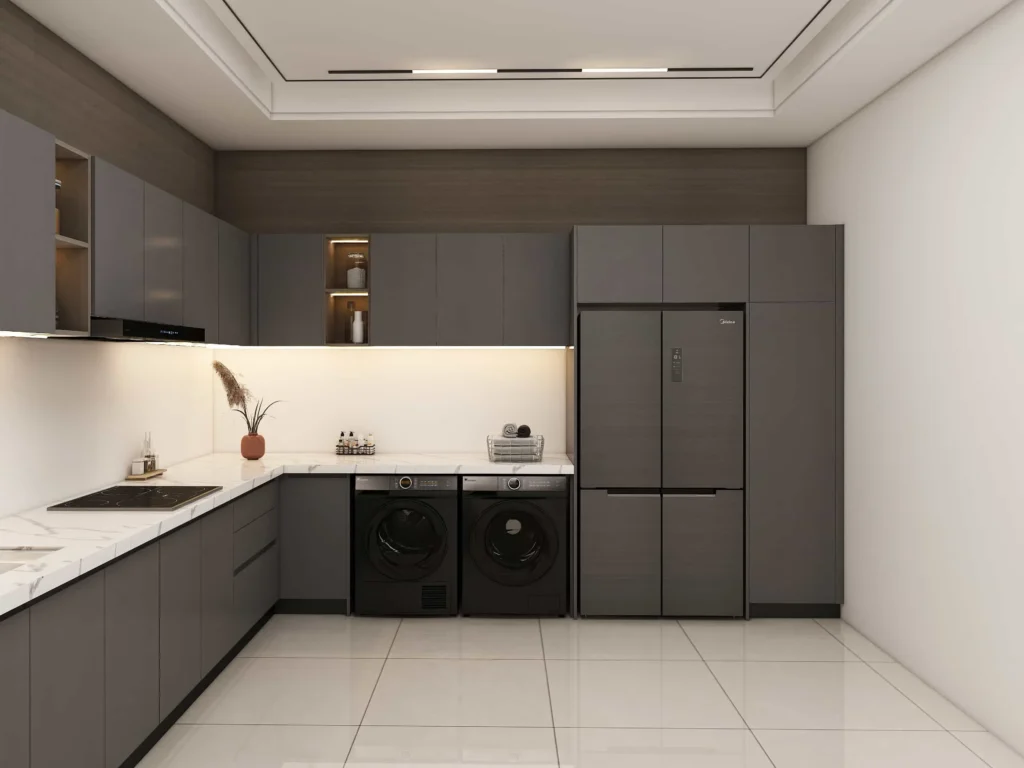 modern l shaped lacquer charcoal grey kitchen cabinets 1