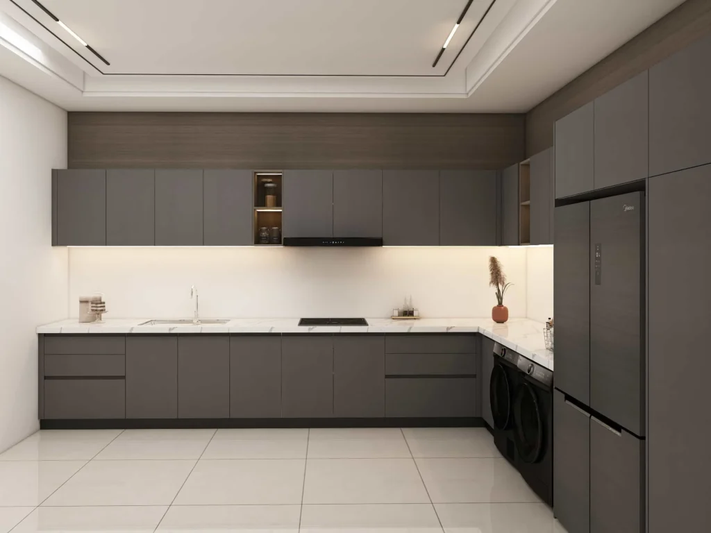 modern l shaped lacquer charcoal grey kitchen cabinets 2