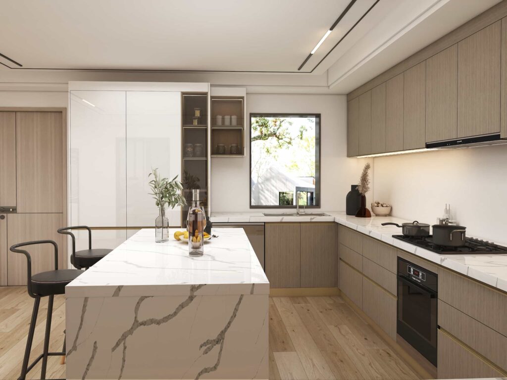 modern u-shaped warm wood style melamine kitchen cabinets