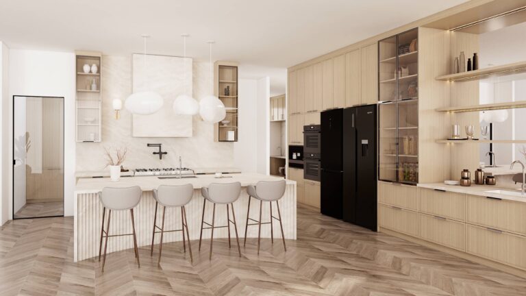 Modern wood veneer island kitchen cabinet with glass door and openshelves