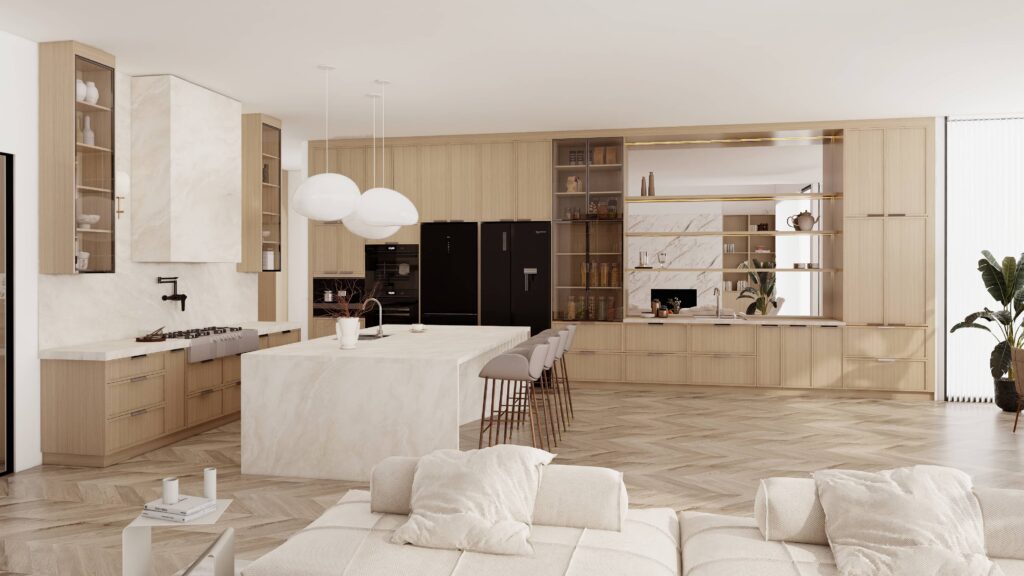Modern wood veneer island kitchen cabinet with glass door and openshelves