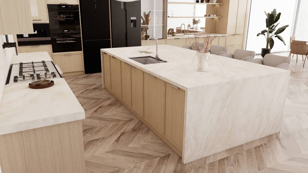Modern wood veneer island kitchen cabinet with glass door and openshelves