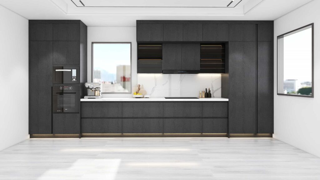 one wall black litchen cabinets with white countertop 1