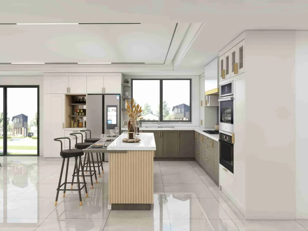 Modern pvc white kitchen cabinet with ribbed body island