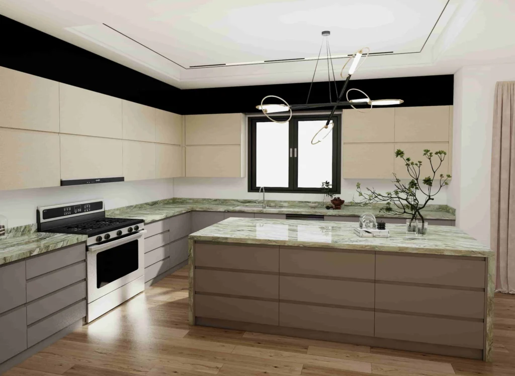u shaped two tone kitchen cabinets with marble countertop 3