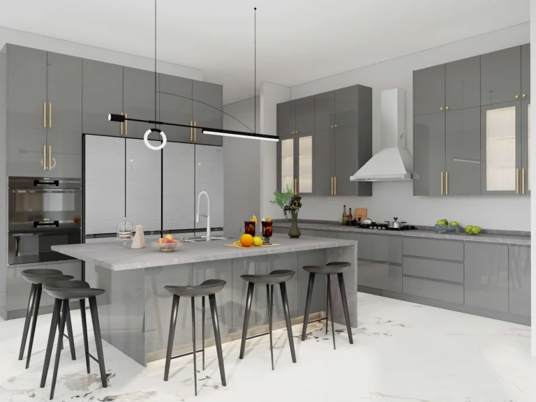 Modern-Gray-Lacquer-Island-Kitchen-Cabinets