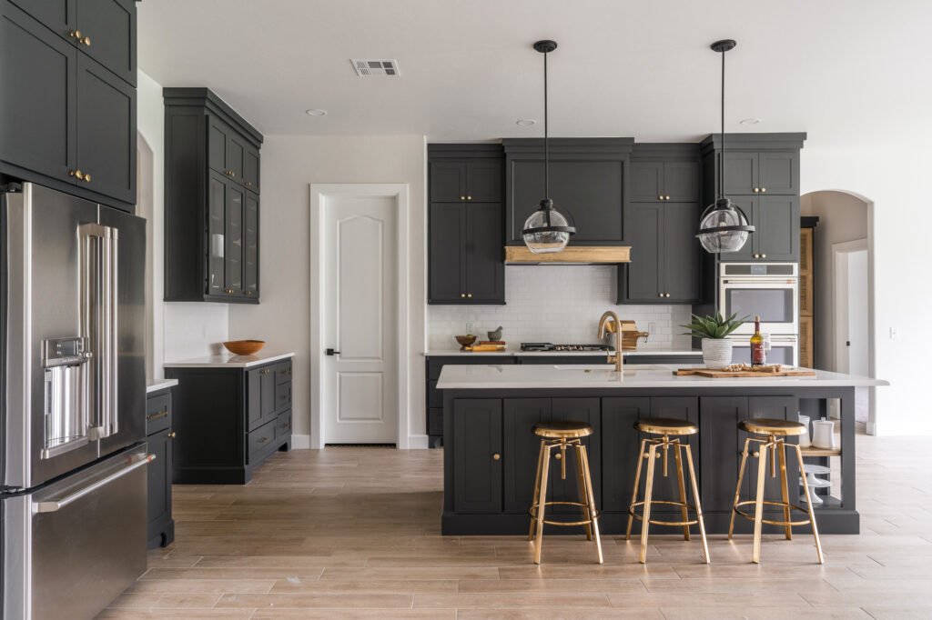 grey kitchen cabinets with white countertops