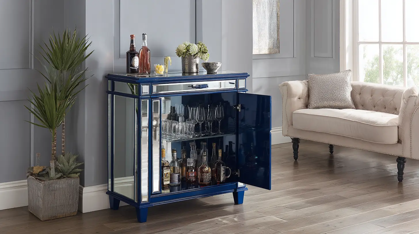 Modern Navy Blue Finish Mirrored Home Bar Cabinet