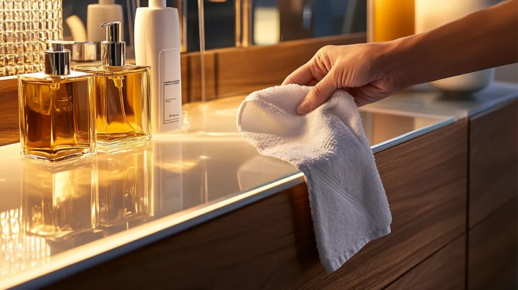 A_sideboard_being_cleaned_with_a_soft_cloth_showing