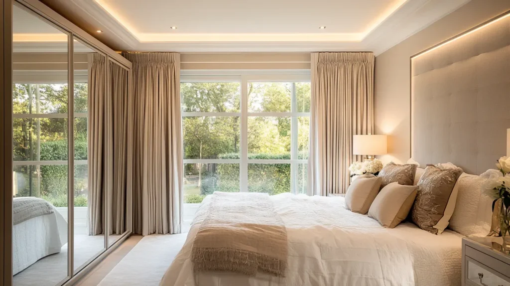 A_bedroom_featuring_a_mirrored_wardrobe