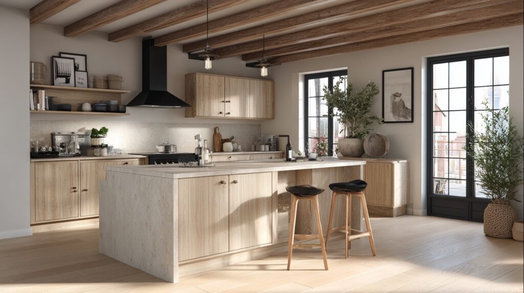 Scandinavian kitchen with light wood cabinets, open shelving, and natural elements for a warm and airy feel.