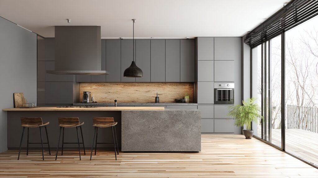 Modern kitchen with grey cabinets and stone island in minimalist design, perfect for contemporary interiors.