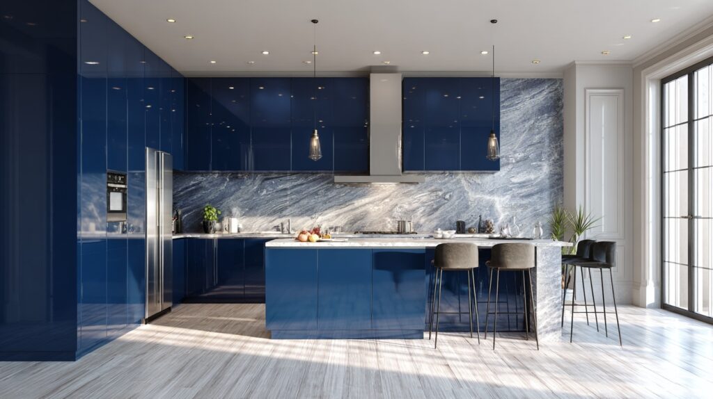 Modern kitchen with high gloss blue cabinets, marble countertop, and bright lighting.