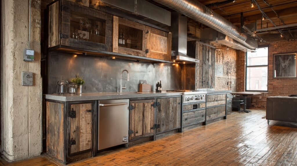 Industrial-style kitchen with raw wood cabinets, stainless steel countertop, and exposed brick walls.