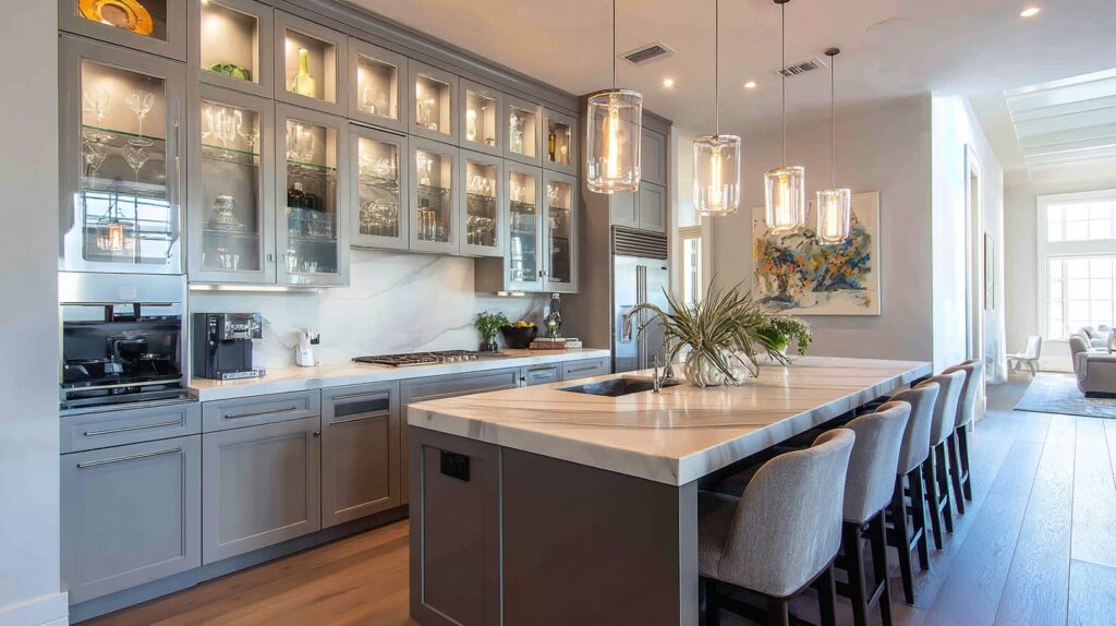 Modern kitchen with glass-front cabinets, marble countertop, and stylish pendant lighting.