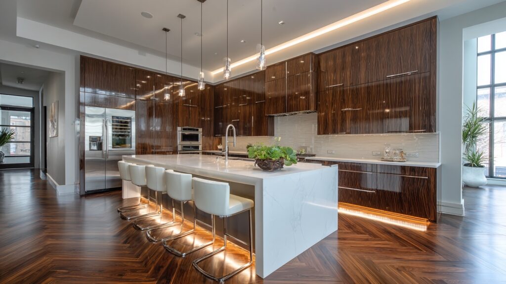Custom kitchen with dark wood cabinets, marble island, and modern lighting fixtures.