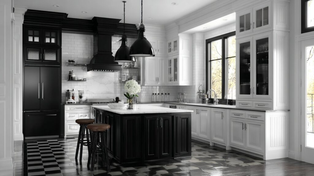 Elegant black and white kitchen with classic cabinets, marble countertop, and stylish checkered floor.