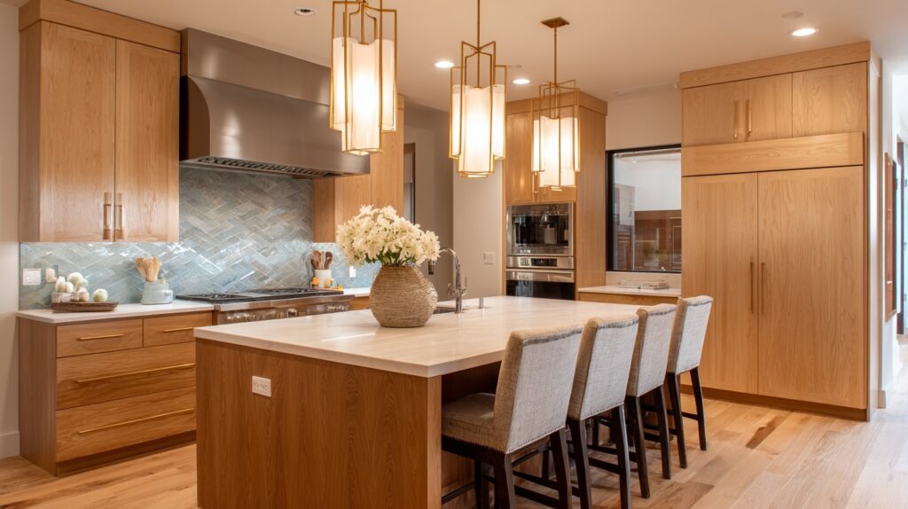 Modern kitchen with natural wood cabinets, marble countertop, and stylish pendant lighting.