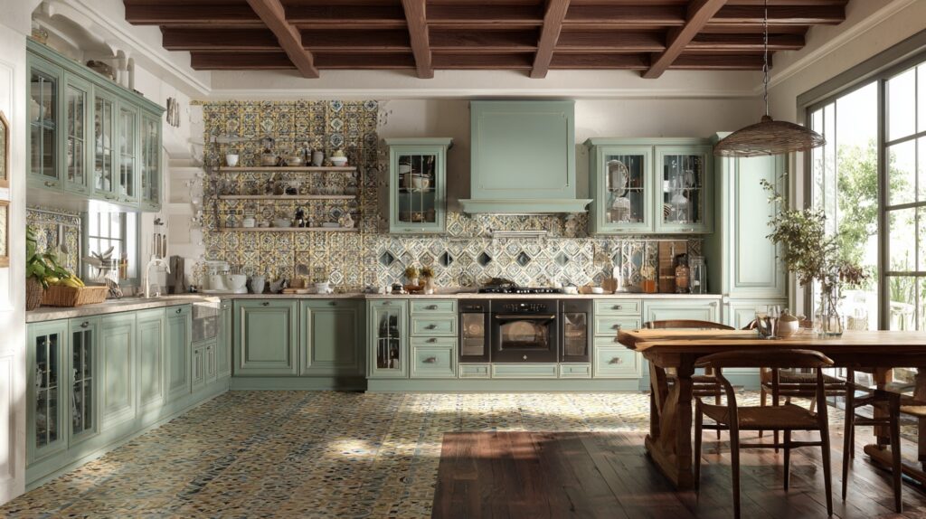 Retro-style kitchen with mint green cabinets, patterned floor tiles, and rustic wooden dining table.