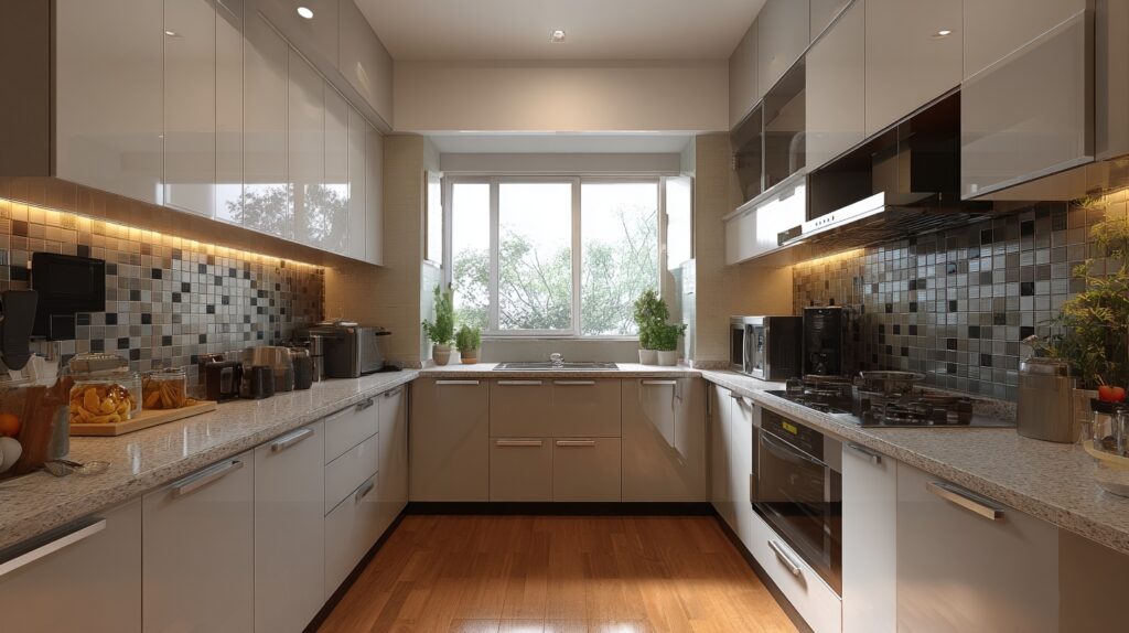 Modern U-shaped kitchen with white cabinets, granite countertops, and a stylish tile backsplash.